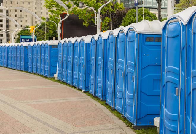 a row of portable restrooms ready for eventgoers in Chappell Hill TX